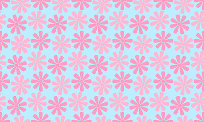 Soft Pink Japanese Cosmos Flower on Blue Background Seamless Vector Pattern for Spring Wedding, Feminine Decor, and Floral Japanese Design