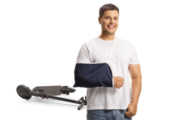 Young man with a broken arm injured in a scooter accident