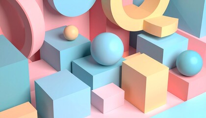 Soft Pastel 3D Geometric Composition Featuring Cubes, Circles, and Spheres in Light Pink, Blue, and Yellow Hues.