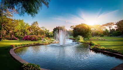 Naklejka premium relaxing park with fountain garden pond water explore relaxing view point