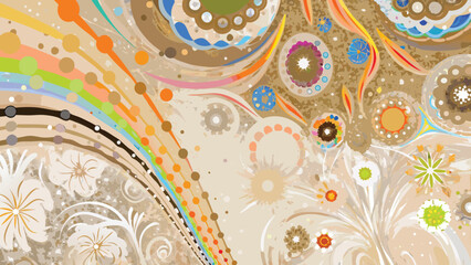 Abstract floral design with rainbow arc and circular patterns in a variety of muted earth tones color palette