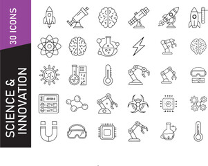 Fototapeta premium Minimal black stroke icon set featuring science lab objects, research technology, and futuristic innovation symbols