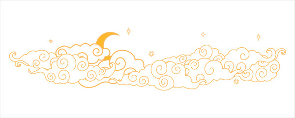 Tibetan sky. Asian cloud with moon, sun and stars. Japanese Korean Chinese cloud style. Asian traditional ornaments. Border pattern. Vector illustration
