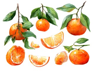 Watercolor set of citrus fruits, green leaves and white blossoms isolated on white background, botanical art