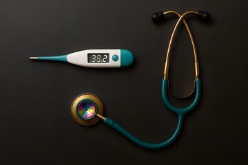 Medical Stethoscope and Digital Thermometer with High Temperature Reading on Black Background