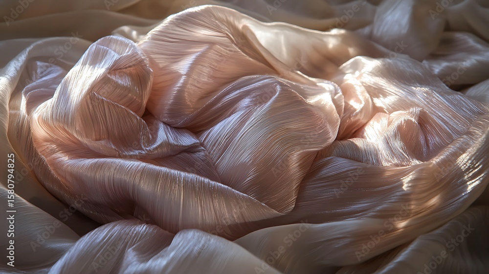 Poster elegance captured: delicate folds of shimmering fabric in subtle golden light creating abstract