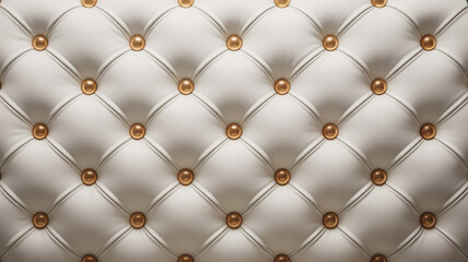 Luxurious white leather tufted upholstery with gold buttons close up texture
