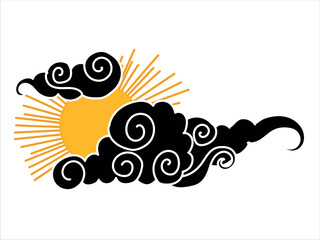 Tibetan sky. Smoke. Black Asian cloud with moon, sun and stars. Japanese Korean Chinese cloud style. Asian traditional ornaments. Vector illustration