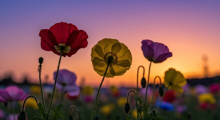 Fototapeta premium Poppies glow against the evening sky