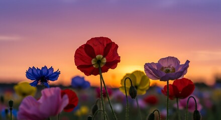 Obraz premium Poppies illuminated by a vibrant sunset