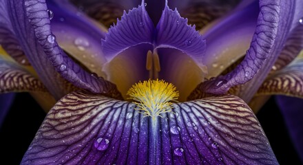 Purple Iris unfolds with dew drops
