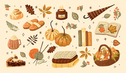 Autumn cozy set. Fall items - pumpkins, books, pastry, candle, mushrooms, and leaves. Vector.
