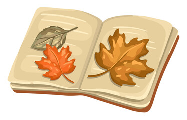 Open Book with fall leaves. Fall reading. Vector.
