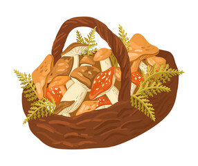 Autumn Mushroom Basket. Wild Forest Harvest. Vector.