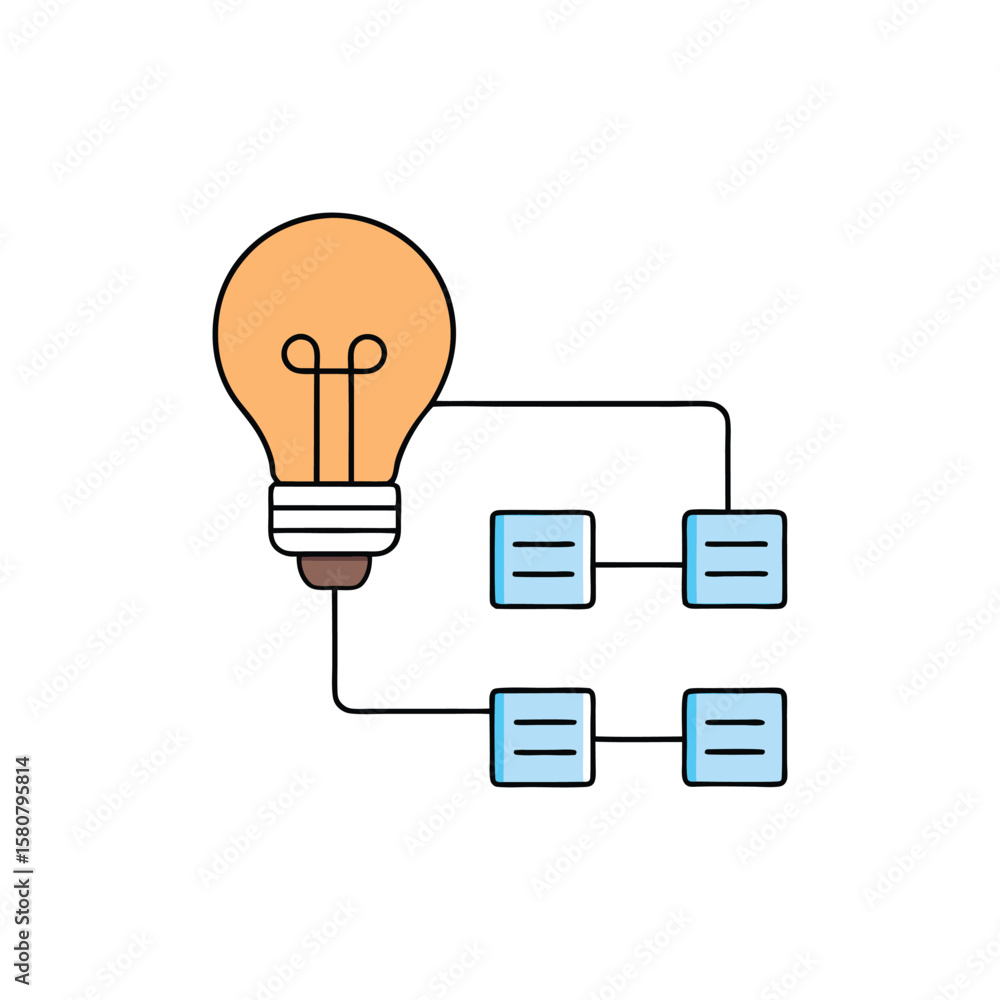 Poster vector art of a lightbulb is connected to a network of boxes isolated on white background