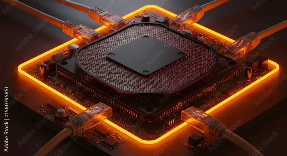 Poster a central computer chip is connected by multiple network cables, surrounded by a glowing orange squa