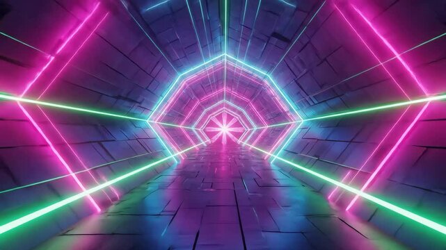 Pink and Green Neon Lights in a Geometric Tunnel