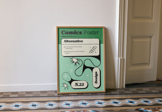Mockup Of Vertical Customized Framed Poster On Floor Tiles