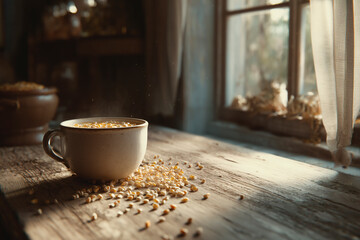Rustic still life featuring a cup of hot cereal on a wooden table near a window with soft lighting.