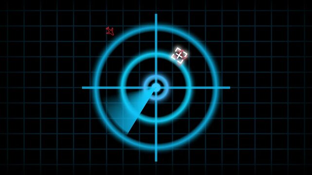 Animated digital radar system showing aircraft and target detection on a black screen. High-tech radar display. Animated neon scanner with blue effects. Digital radar interface.