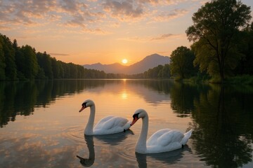 Fototapeta premium Serene swans at sunset lake.