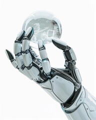 Mechanical hand holds a transparent sphere displaying futuristic design elements amid a minimalistic background