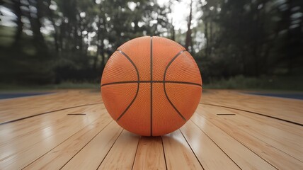 Basketball on Hardwood Court Outdoor Game Ready