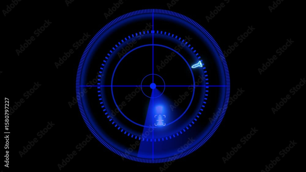 Poster animated radar displaying missile tracking in futuristic aerospace scenario. tactical radar animatio