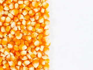 top view of isolated white background dry raw corn kernels with empty space for advertisment