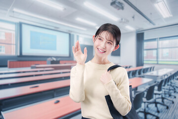 大学の教室に入る若い女子大生