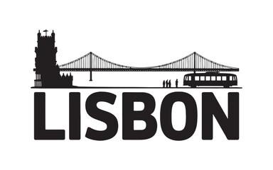 Obraz premium Lisbon Skyline Silhouette Featuring the Belém Tower, 25 de Abril Bridge, People and a Tram on Top of City Name