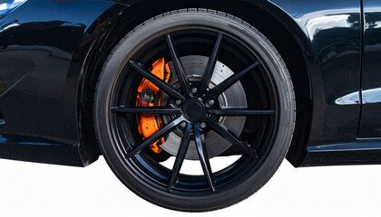 Car wheel isolated on white background with orange caliper