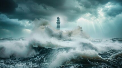 Stormy ocean waves crash against a lighthouse under dark clouds, capturing the tumultuous beauty of nature