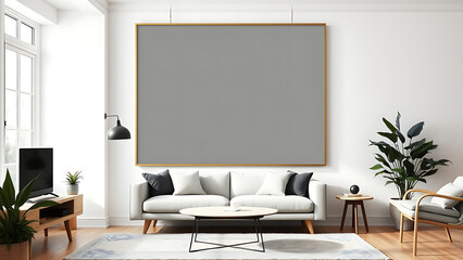 Blank mock up poster frame in modern interior background living room Scandinavian style 3D render 3D