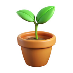 Cute 3d cartoon seedling with two green leaves growing in a terracotta pot isolated on transparent background