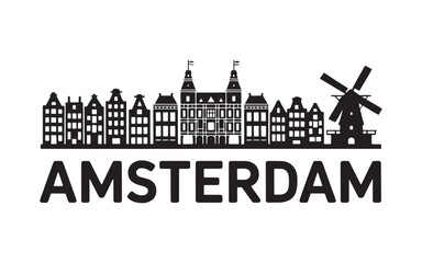 Silhouette of Amsterdam City Skyline with Canal Houses and a Windmill Simple Black and White European Architecture and Travel Destination