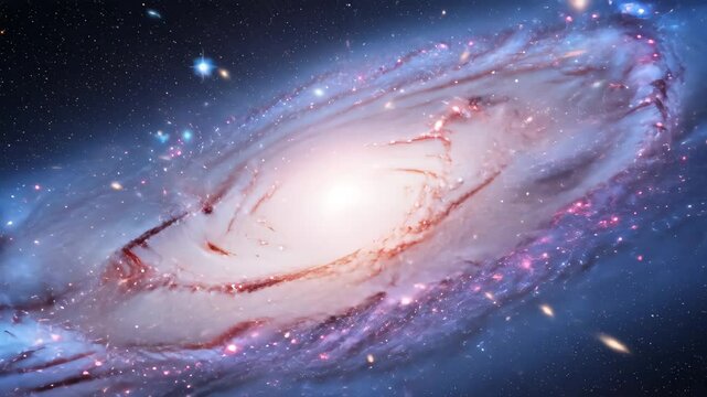 Rotating Spiral Galaxy In Deep Space With Colorful Stars