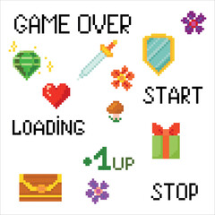 Set of objects. Pixel art. Game elements. Environment for Retro 8 bit icons for old school platformer video game. Vector illustration isolated on white background.