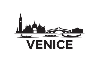 Obraz premium Black Silhouette of Venice Skyline with Gondolas and Rialto Bridge at Daytime in Clear Sky, a Serene Travel Scene
