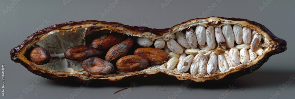 Poster a dissection of a fully ripe cacao fruit with the seeds easily separating from the pulp.