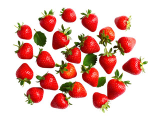  Top View of Fresh Ripe Strawberries in Pile with Green Leaves, Clean White Background