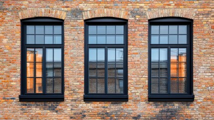 Architectural details of black aluminium window frames against a brick wall