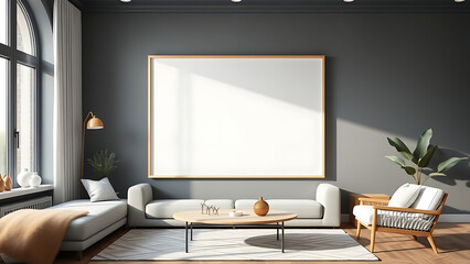 Blank mock up poster frame in modern interior background living room Scandinavian style 3D render 3D