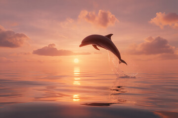 Dolphin leaps from ocean at sunset, creating ripples and reflections in the calm water. Peaceful, vibrant.