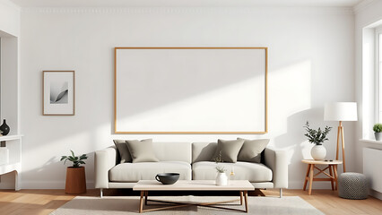 Blank mock up poster frame in modern interior background living room Scandinavian style 3D render 3D