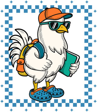 Cartoon Chicken Student &ndash; First Day of School Illustration