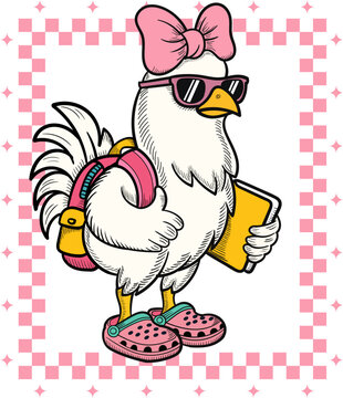Funny Cartoon Chicken Student &ndash; First Day of School Illustration