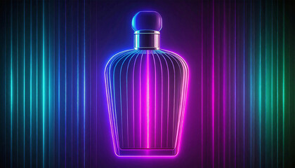 Glowing neon perfume bottle with vibrant blue, pink, and purple stripes in a futuristic aesthetic on a dark background.