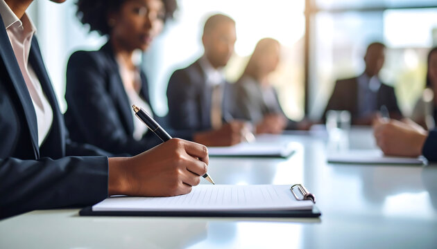 A close-up shot focusing on hands of a diverse group of business professionals taking notes during a meeting around a modern conference table. Represents teamwork and collaboration.