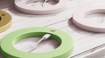 Pastel charging docks on wood, cable plugged in, sunlight